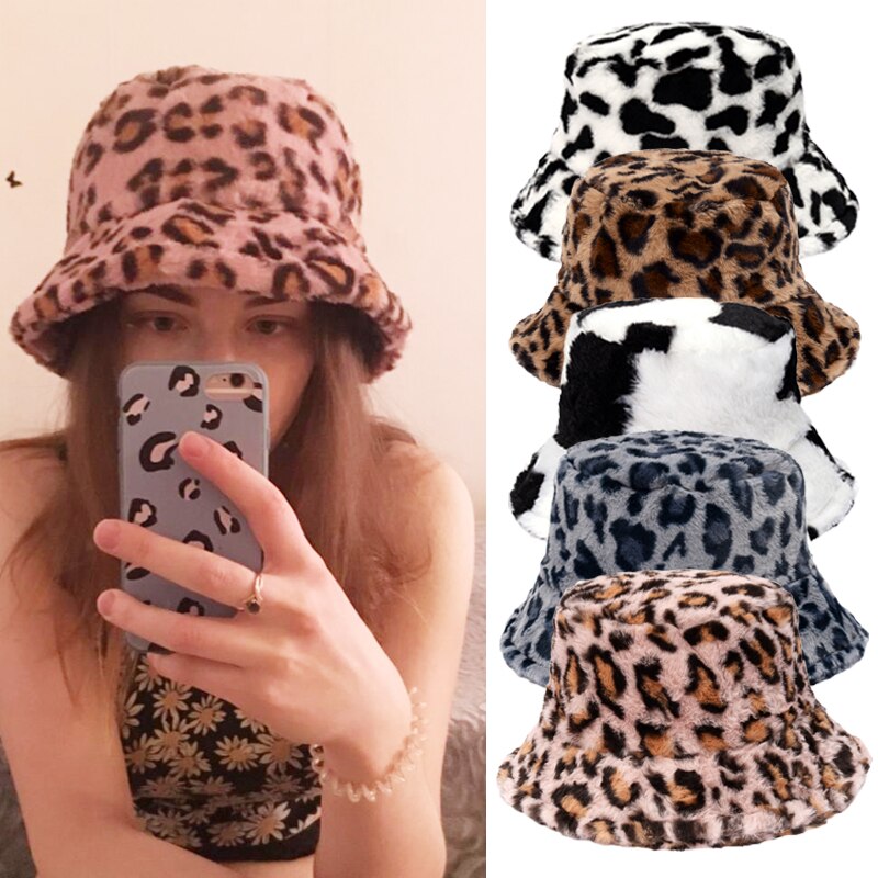 Winter Cow Leopard Faux Fur Fluffy Bucket Hats