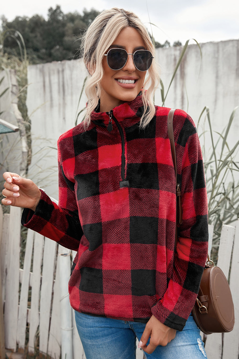 Plaid Print 1/4 Collar Sweatshirt