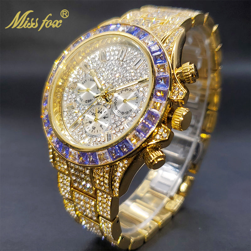 Luxury Gold Men's Watch Waterproof Stainless Steel Iced Bracelet