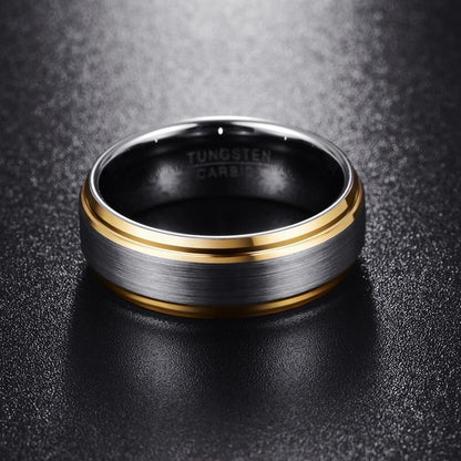 Brushed Silver with Gold Edge Tungsten Ring