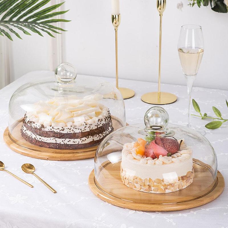 Lead-Free Food Grade Transparent Dustproof Cake Glass Cover Food Cover Cake Cover Fruit Glass Cover Bamboo Tray