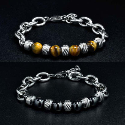 New Men's Adjustable Natural Stone Bead Stainless Steel Bracelet