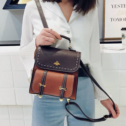 Vintage Paneled PU Leather Women Backpack